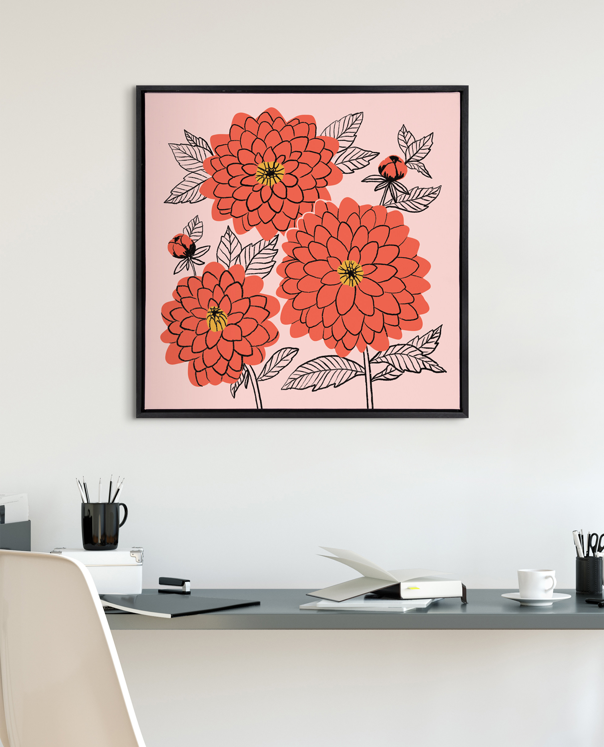 Kate and Laurel Sylvie Sketchy Dahlias Framed Canvas Wall Art by Maria Filar,  24x24 Black, Chic Floral Art for Wall
