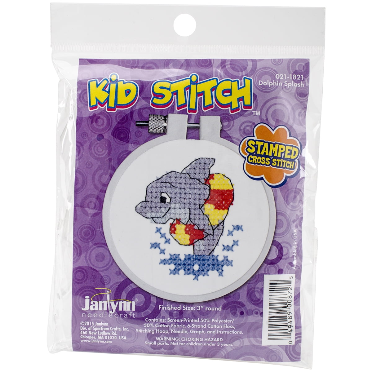 Kid Stitch Dolphin Splash Stamped Cross Stitch Kit, 3" Round Walmart