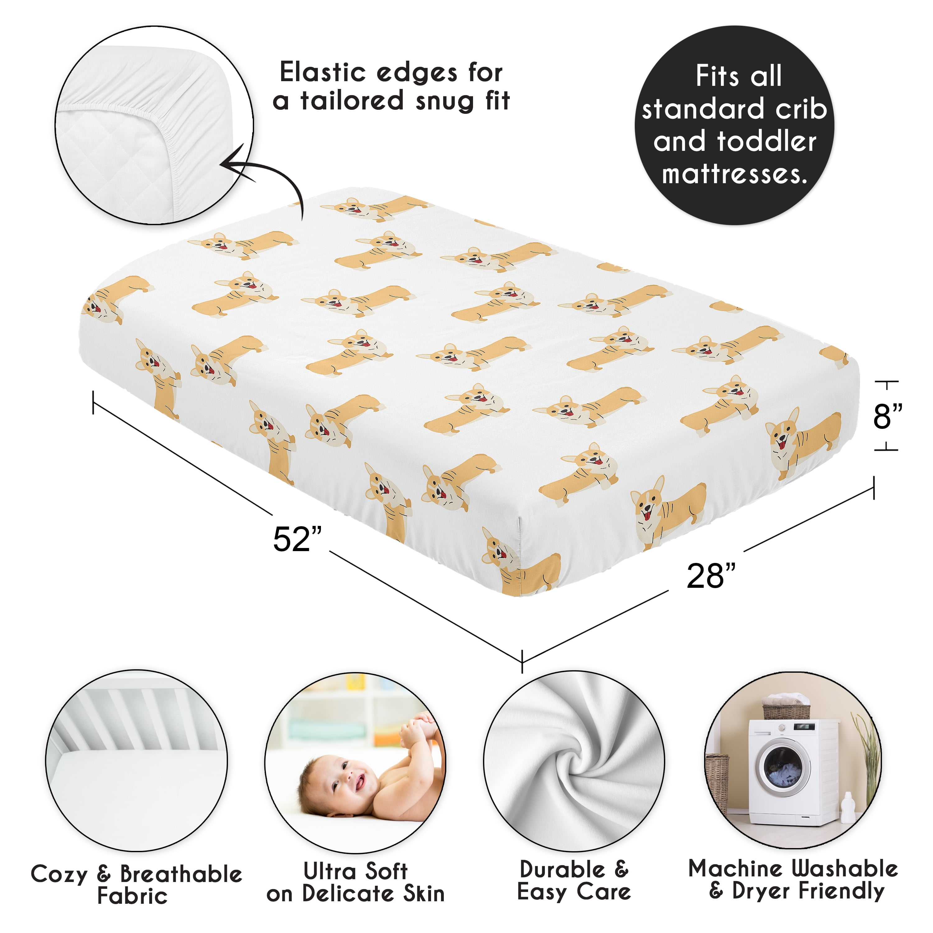 Sweet Jojo Designs Cartoon Puppy Corgi Dog Boy, Girl, Unisex/Gender Neutral Fitted Crib Sheet