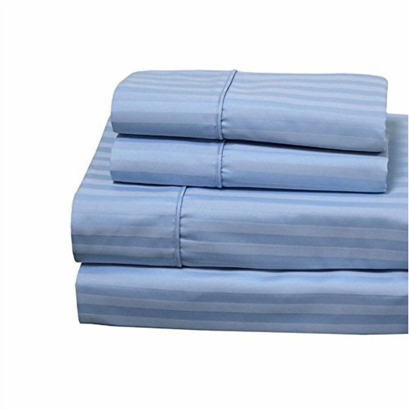 Royal Hotel Literie Draps 650 Fils - Draps Sans Plis - Poches Profondes, Mélange de Coton, Draps en Satin, Hypoallergéniques, 4 Pcs - Cal Très Grand - Bleu, Rayé