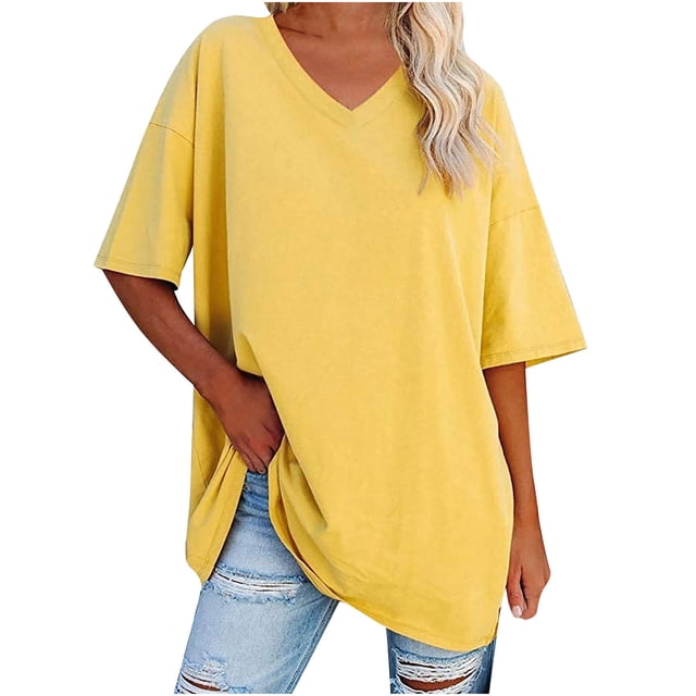Plebaso T-Shirts Oversize pour Femmes Col en V Manches Mi-Longues Tee-Shirts Décontractés Confortables Tops Amples pour Femmes