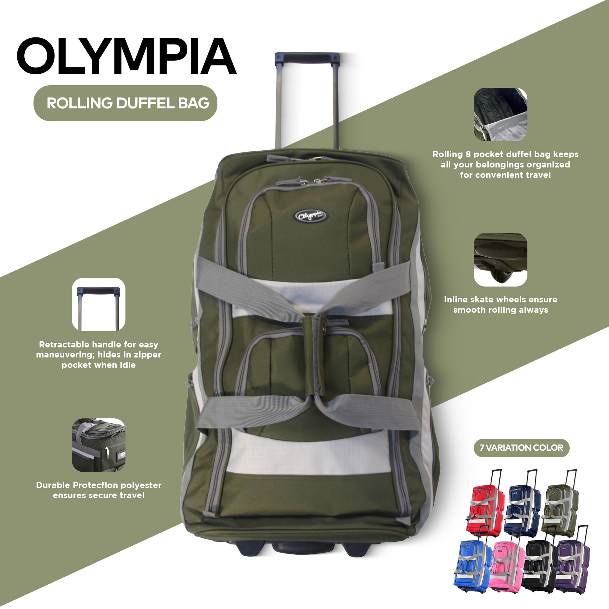 Olympia 22 Inch Pocket U Shaped Rolling Duffel Luggage Bag, Green