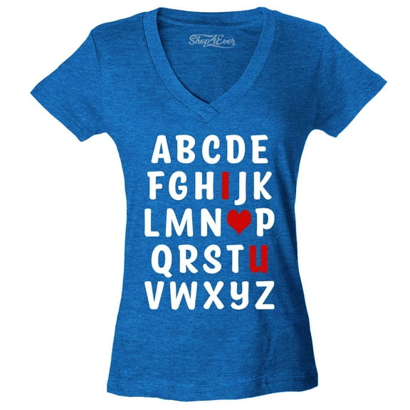 Shop4Ever Women's I Heart U ABC's Valentine's Day Love You Slim Fit V-Neck T-Shirt Medium Heather Royal Blue