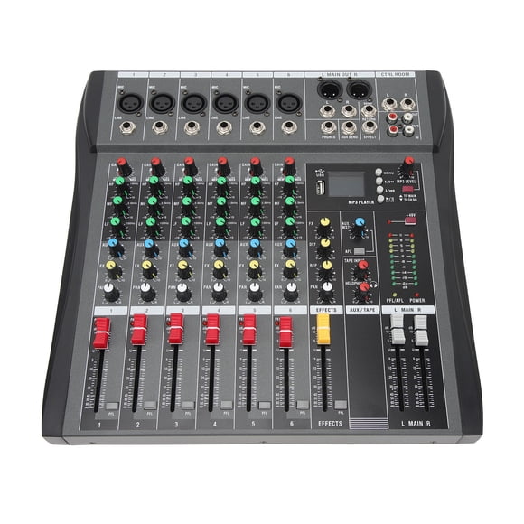 Mezclador de audio de 6 canales con transmisión en directo, consola de sonido para estudio de DJ, CA 100-240 V, con Bluetooth.