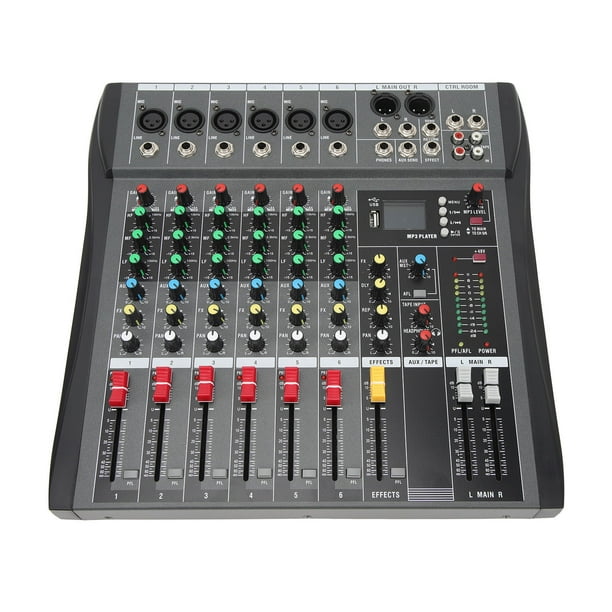 Mezclador de audio de 6 canales con transmisión en directo, consola de sonido para estudio de DJ, CA 100-240 V, con Bluetooth.