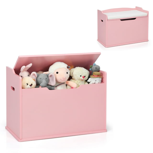 Babyjoy Kids Toy Box Wooden Flip-top Storage Chest Bench W/ Cushion Safety Hinge