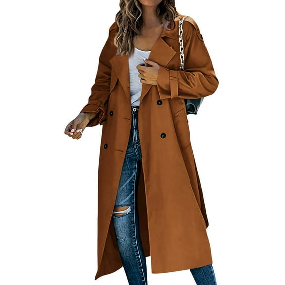 Christmas Gift Ofreoo Women's Long Sleeved Double Breasted Coat Trench Coat Long Sleeved Hoodless Casual Coat/jacket Winter Jackets for Women