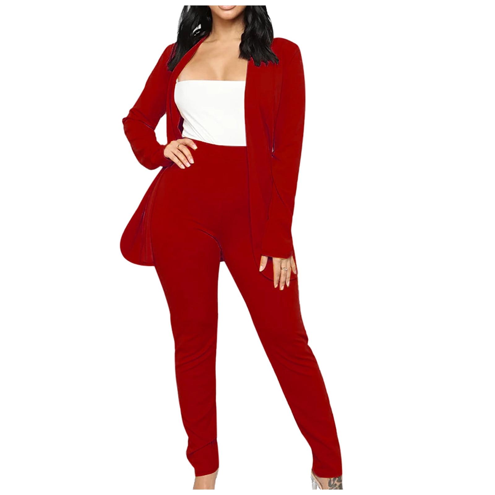 SELONE Blazer Jackets for Women Two Piece Outfits Going Out Business Attire  2 Piece Outfits Long Sleeve Coats Tops Solid Long Pants Sets 3-Red XL