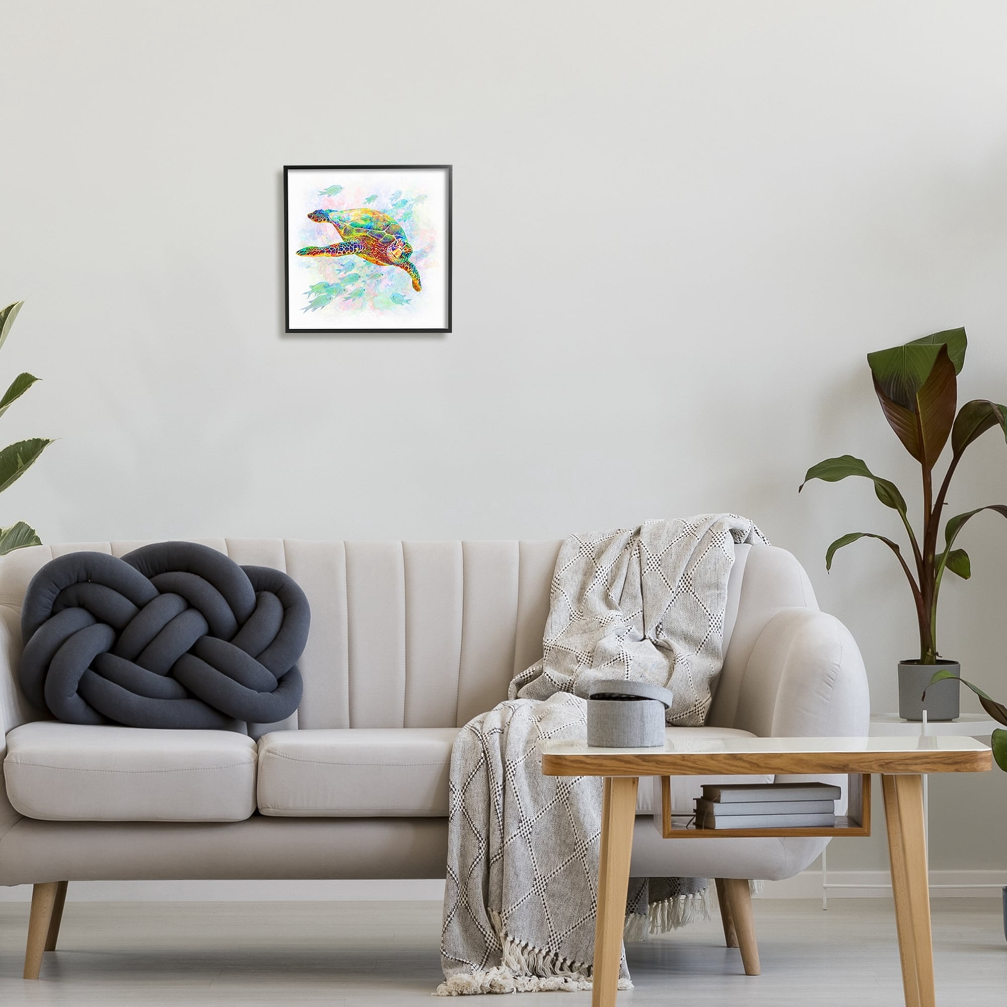 Stupell Industries Kaleidoscopic Sea Turtle Speckled Rainbow Fish Swimming Graphic Art Gray Framed Art Print Wall Art, Design by Michael Shelton