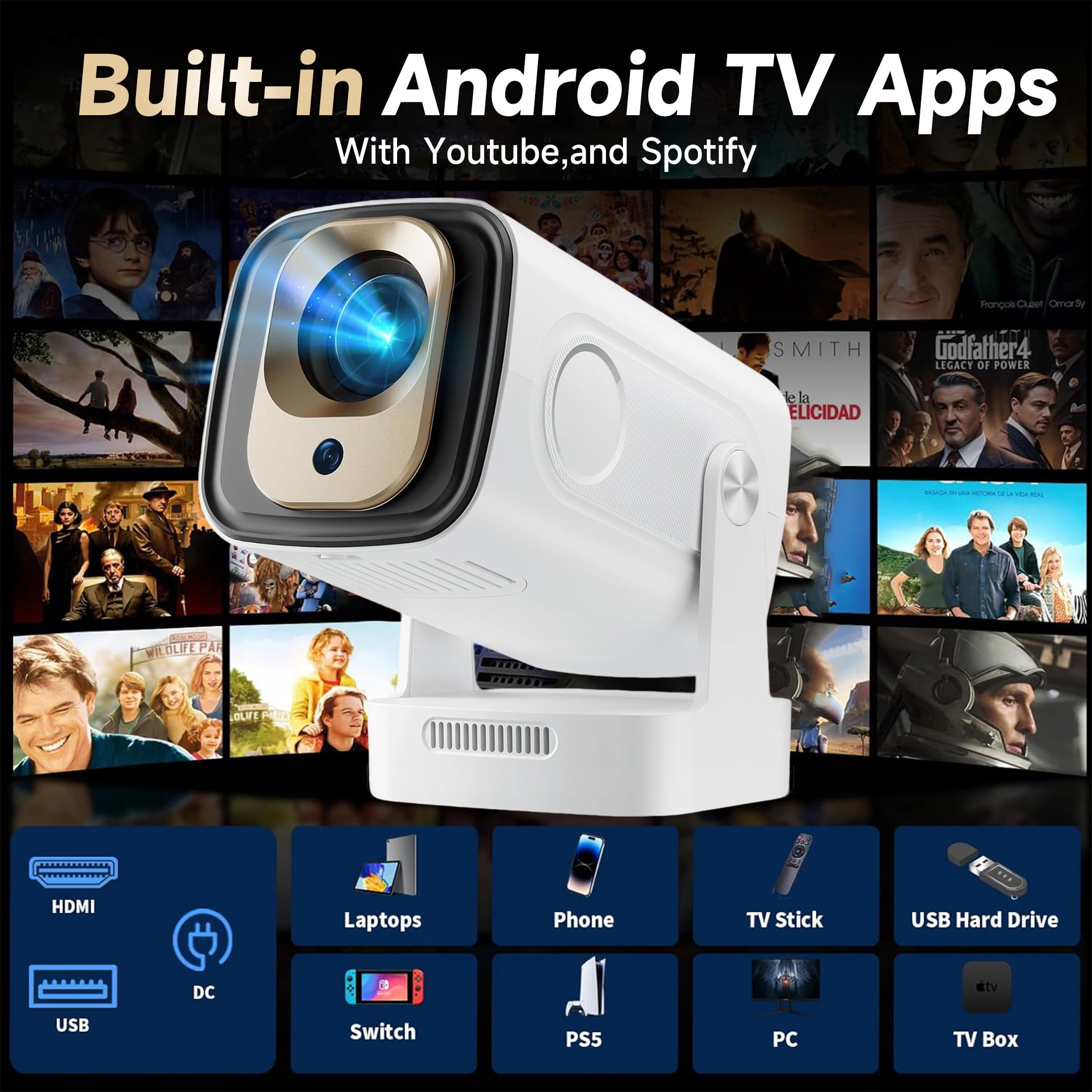 BDQ 2.4G+5G WiFi Bluetooth 4K Support Native 1080P, 240ANSI LM,Full HD Movie Projector, LCD Technology 130" Display Home Theater.