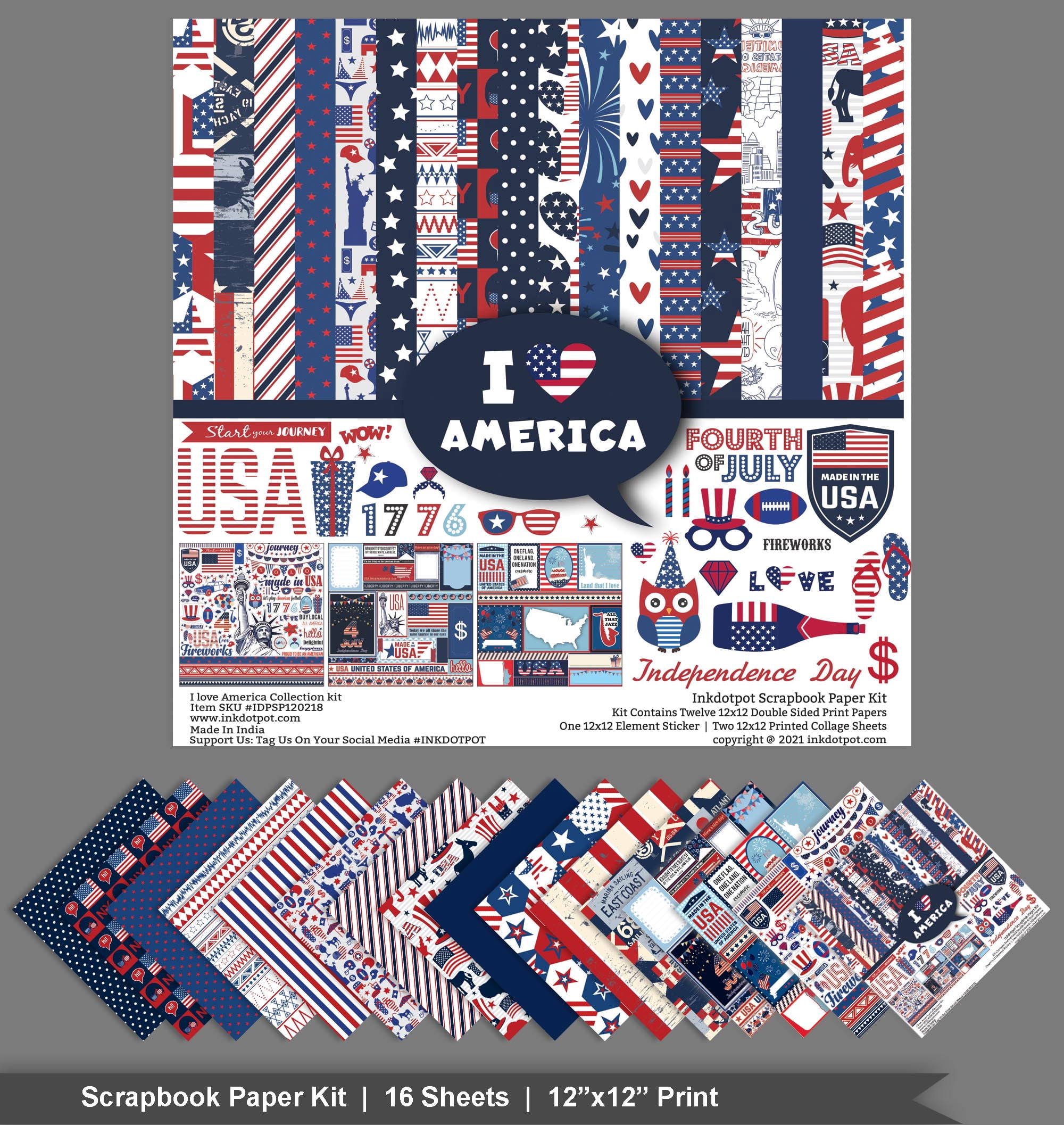 Inkdotpot I Love America Collection Double,Sided Scrapbook Paper Kit Cardstock 12"x12" Card Making Paper Pack Of With Sticker Sheet - 16 Pages - Multicolor