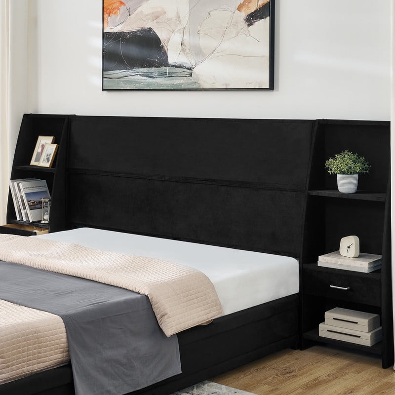 Queen/King Size Modern Upholstered Platform Bed Frame, Velvet Storage Bed with Headboard, Side Bookcases & Drawers Nightstand