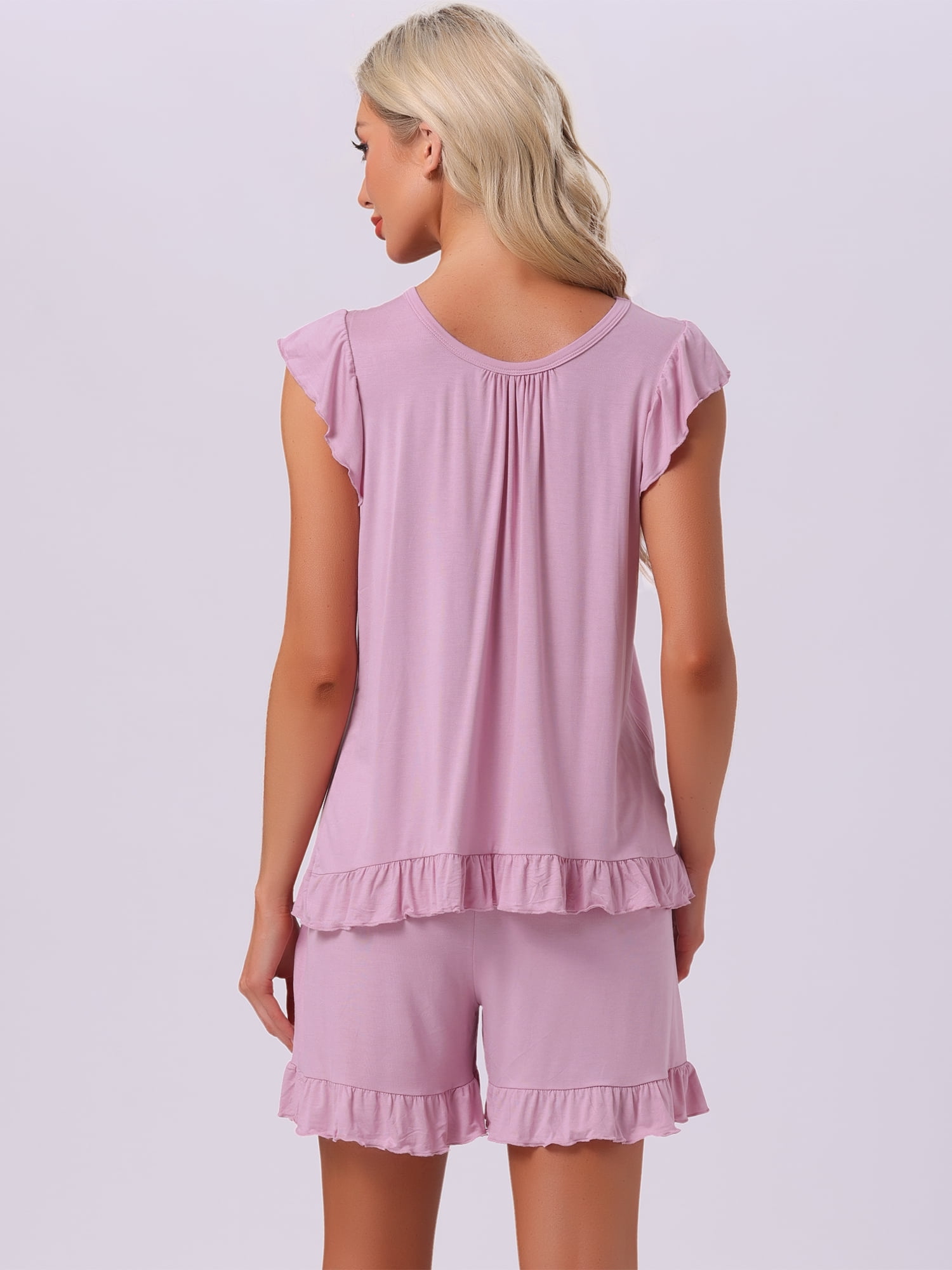 DARING DIVA Ruffle Trim Cap Sleeve Lounge Tops Shorts Pajama Sets M Pink