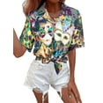 thumbnail image 3 of VILOVE Women Mardi Gras T-Shirt Hawaiian Shirt Street Carnival Themed Masks Graphic Tees Beach Vacation Short Sleeve Button Up Tops, Purple, 3 of 5