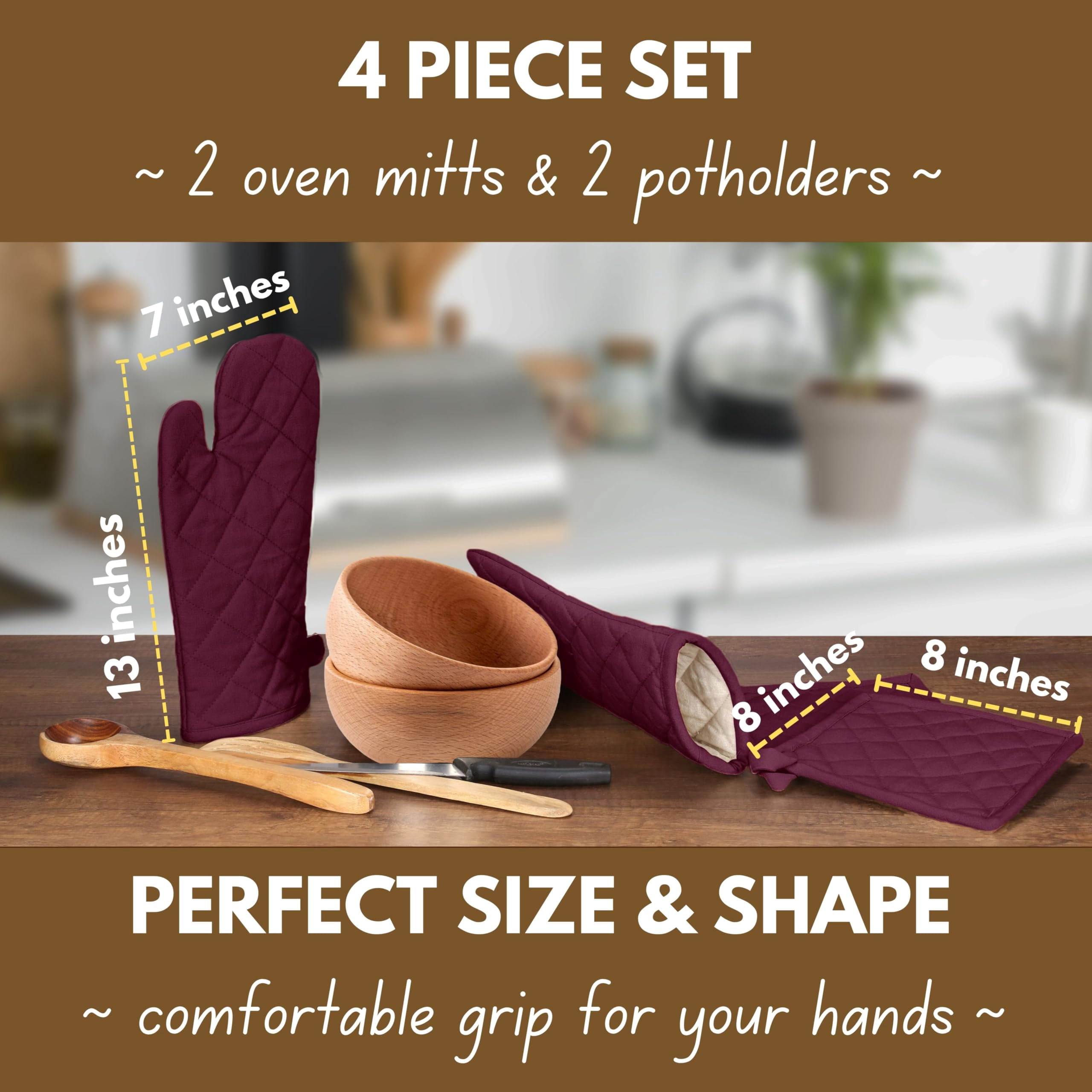 Native Fab Oven Mitts & Potholders Set, Heat Resistant, 100% Cotton, Quilted Design, Non-Slip Grip, Ideal for Baking, Cooking, BBQ, Kitchen Protection - Burgundy Wine