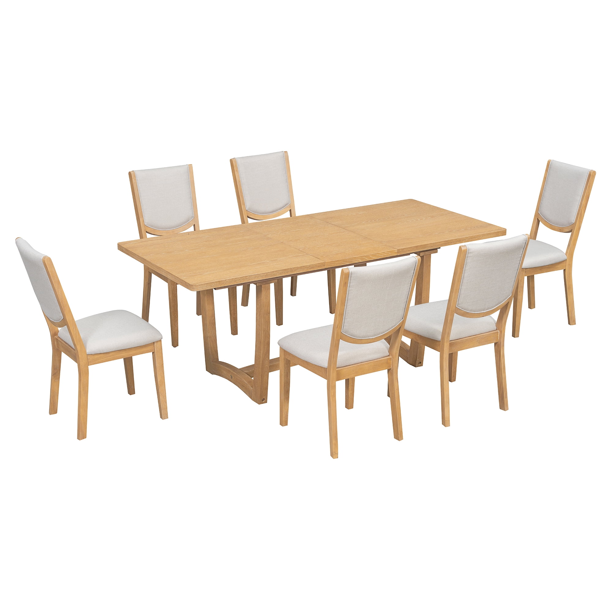 Euroco 7-Piece Extendable Dining Table Set for 6,Farmhouse Rectangular Kitchen Table with 6 Upholstered Chairs for Dining Room,Natural