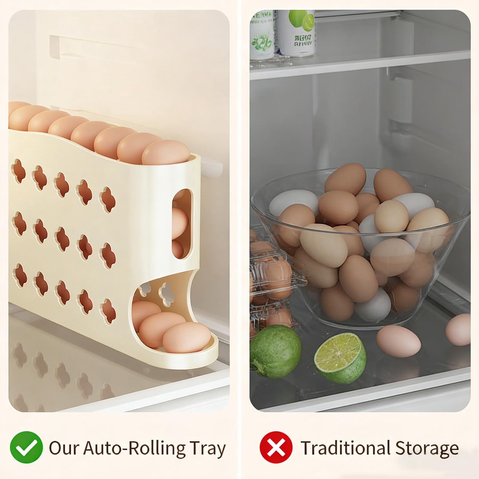 Egg Holder for Fridge, 2026 Eggs Dispenser Auto Rolling, No Assembly Required Easy Access, Save Refrigerator Space, And Prevent Egg from Breaking, Large Capacity / Holds 30 Eggs (Beige2PC)