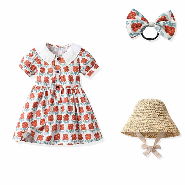 LSLJS Robe d'Été à Bretelles pour Tout-Petit Fille, Imprimé Floral, avec Chapeau et Épingle à Cheveux, Robes pour Filles ( Orange, 2-3 Ans )