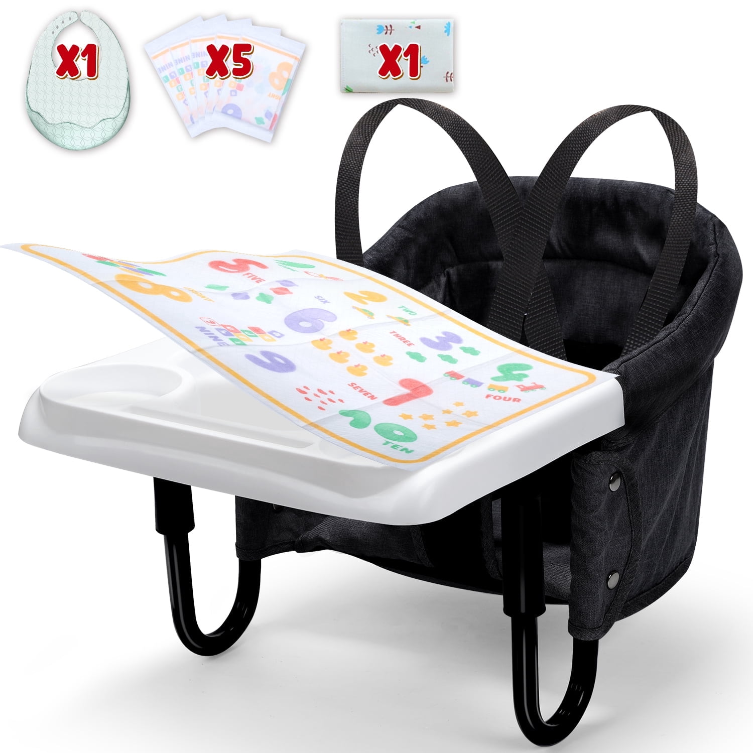 WonderStone Hook On Chair, Portable High Chair with Tray, Storage Bag & Free Accessories, Clip-On Table Chair for Baby and Toddler, Ideal for Home and Travel, Black