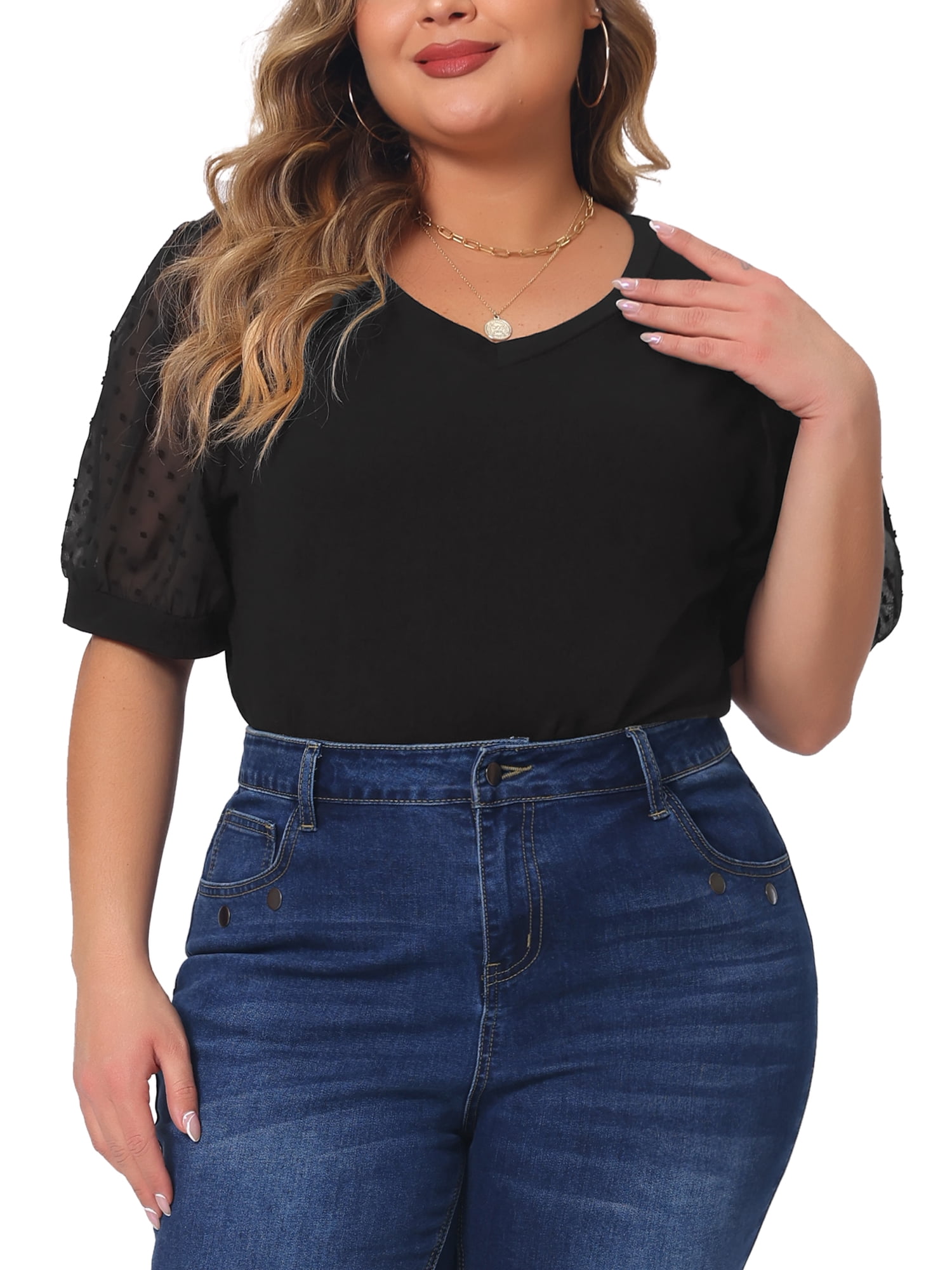 Women's Plus Tops V Neck Swiss Dots Puff Sleeve Casual Blouse Shirt 4X Black