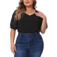 thumbnail image 2 of DARING DIVA Women's Plus Tops V Neck Puff Sleeve Blouse Shirt 3X Black, 2 of 6