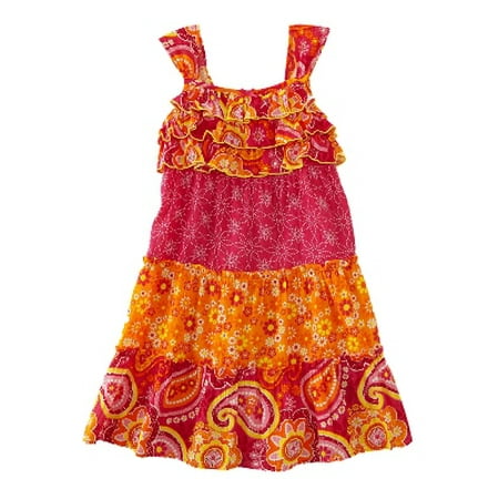 Little Girls Pink & Orange Ruffled Paisley Floral Dress Daisy Flower Sundress