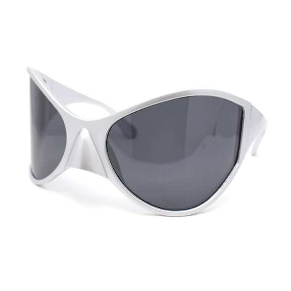 Polarized Exaggerated XXL Wrap Curved Mask Style Plastic Sunglasses Silver - Black