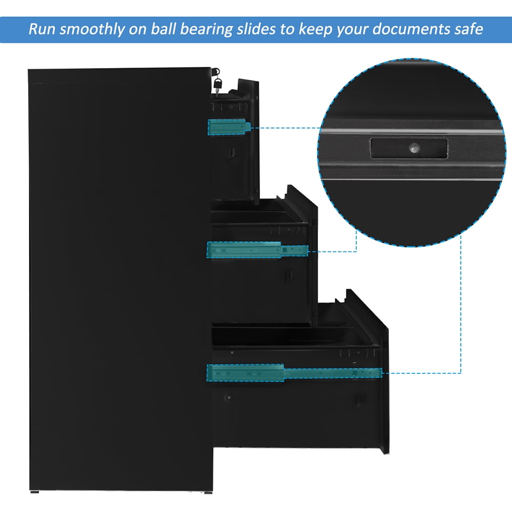 Kepooman 3-Drawer Lockable Lateral Metal File Cabinet for Home Office, 35.4" L x 17.7" W x 40.3"H, Black