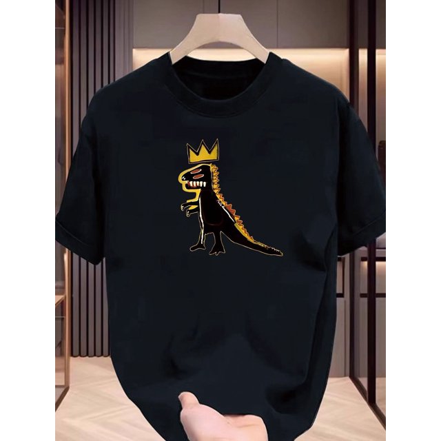 1pc Dinosaur Prince Print Cotton T-Shirt for Men, Casual Crew Neck Short Sleeve Tee with Slight Stretch, Summer Knit Fabric Top for Teens