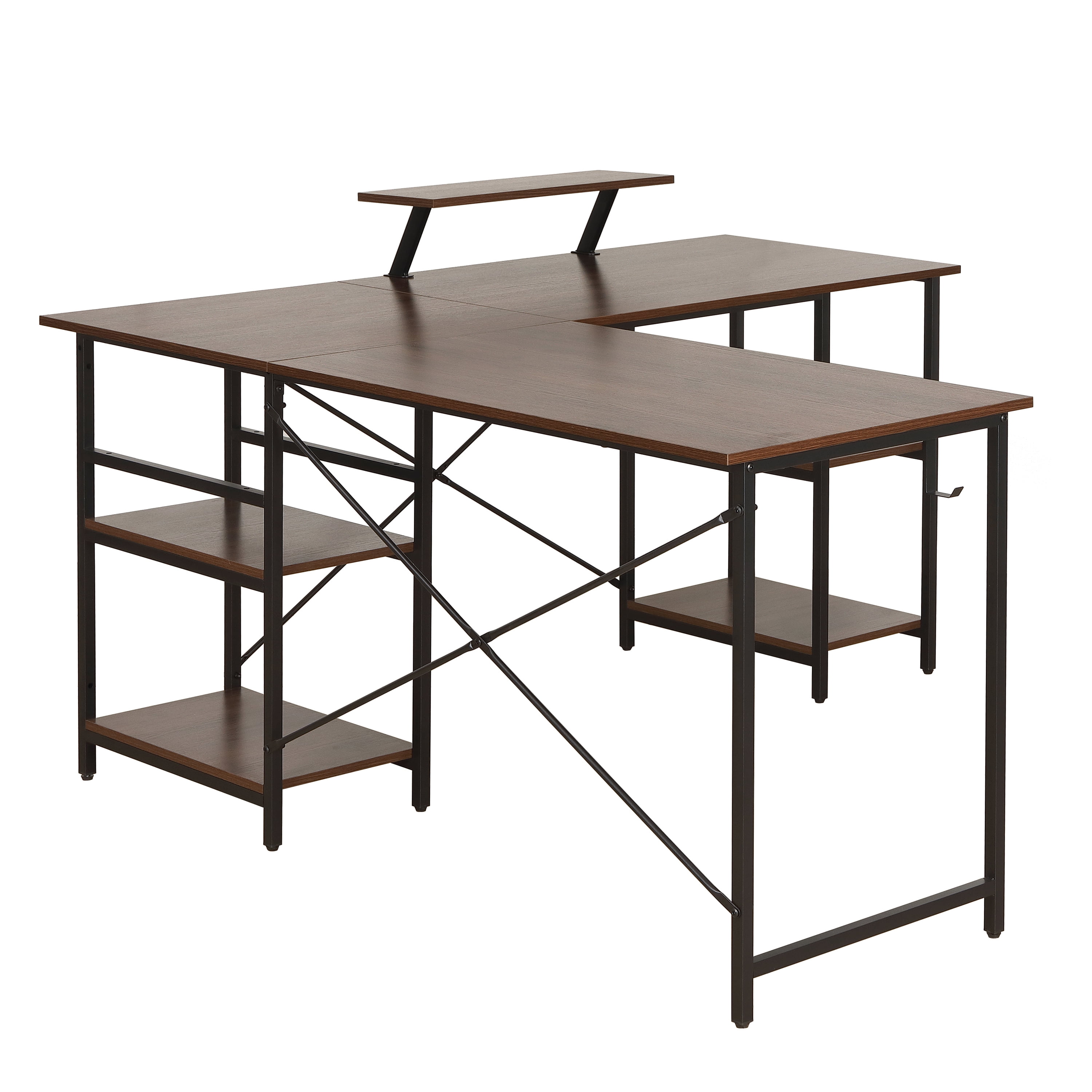 Techni Mobili L Shape Industrial Desk with Storage Shelves Walnut