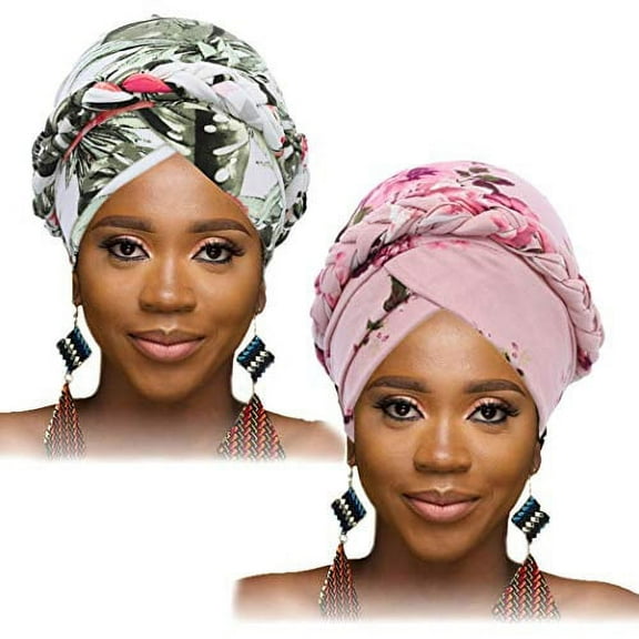 Woeoe African Turban Head Wrap Pink Pattern Head Scarf Soft Flower Print Head Cover Cap Headwear for Women and Girls(2 pack)