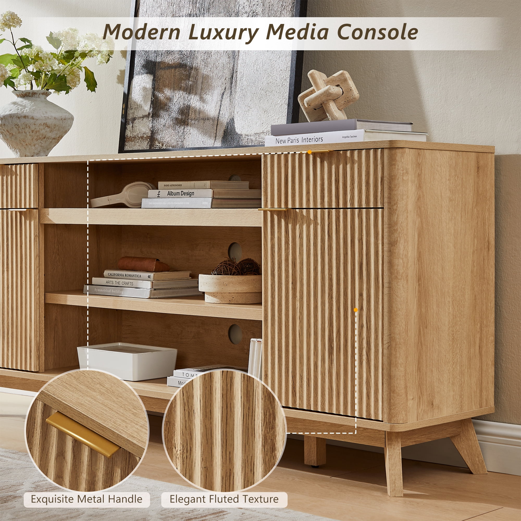 KeyWhat 70" Mid-Century Modern TV Stand for 75" TV, Fluted Doors, Drawers & Adjustable Shelves