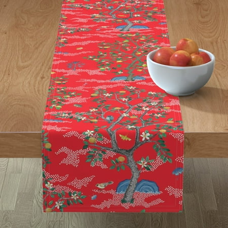 

Cotton Sateen Table Runner 72 - Red Orange Trees Dots Citrus Lemons Grove Toile chinoiserie Print Custom Table Linens by Spoonflower