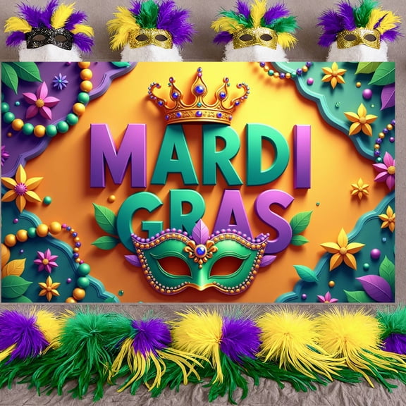 Green Beads Mardi Gras Banner Gold Stars Carnival Display Feather Masks Yellow Balloons Festive Backdrop for Mardi Gras Party Carnival Celebration Masquerade Ball