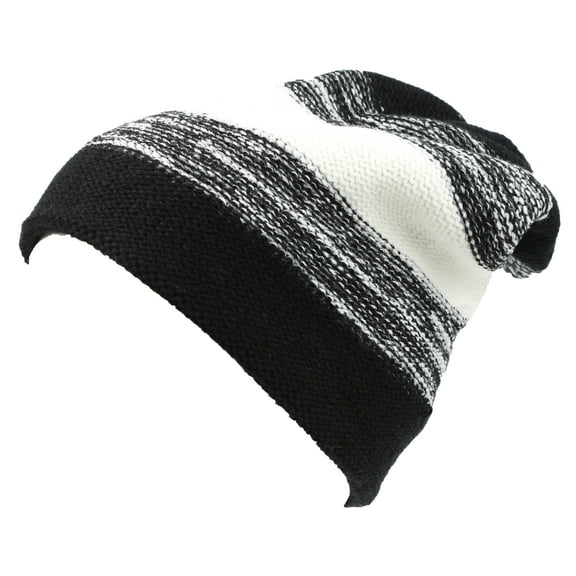 Sakkas Balmn Long Tall Classic Striped Heather Faux Fur Lined Unisex Beanie Hat - Black / White - One Size Regular