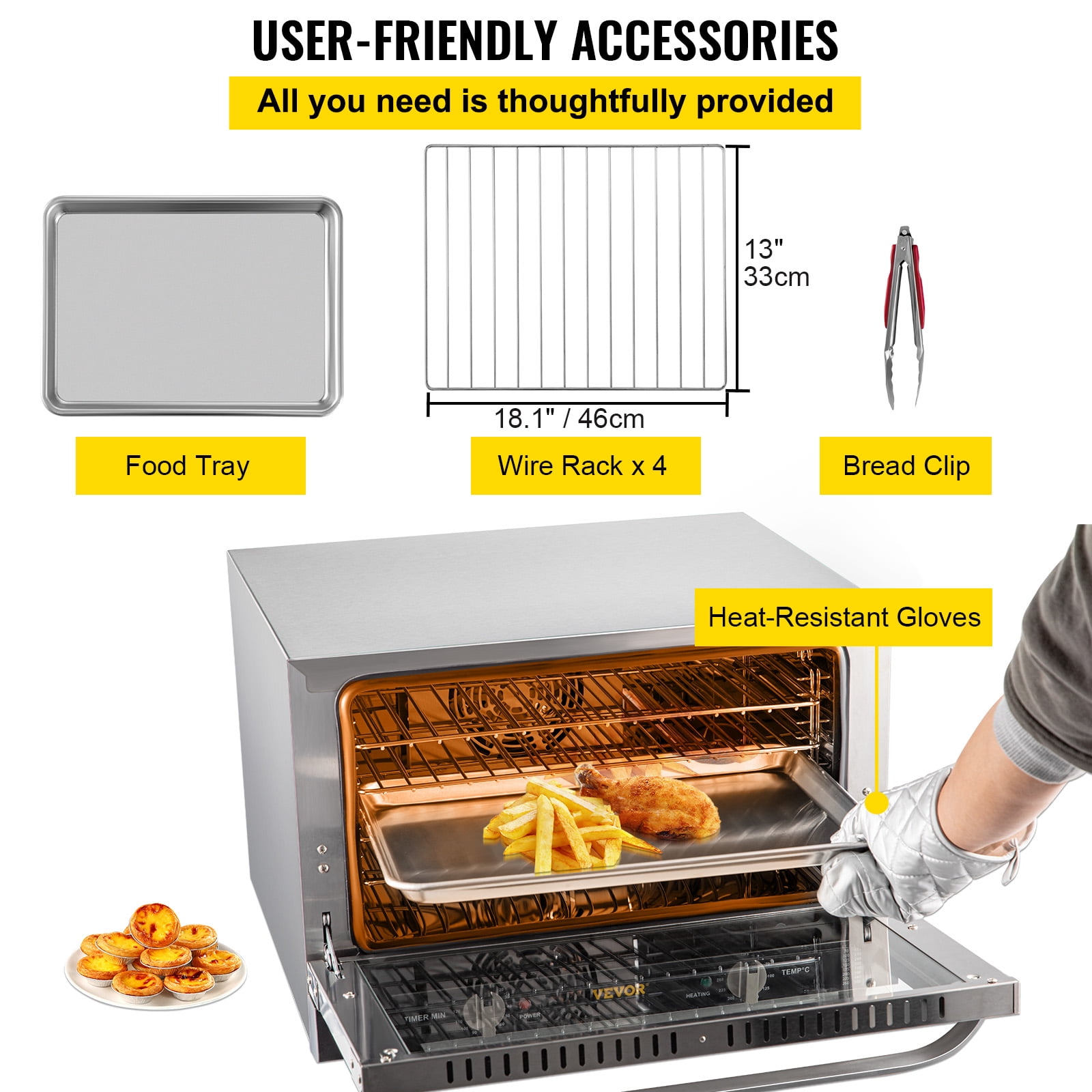 VEVOR Commercial Convection Oven, 47L/43Qt, Half-Size Conventional Oven Countertop, 1600W 4-Tier Toaster with Glass Door, Electric Baking Oven with Trays Wire Racks Clip Gloves, 120V, ETL Listed