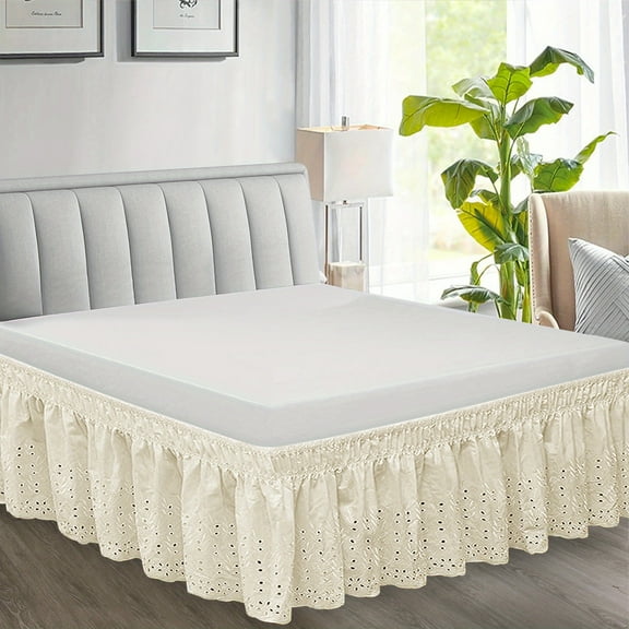 1pc Beige 14-Inch Embroidered Bed Skirt with Lace Trim - Contemporary Style, Machine Washable, Polyester, Perfect for Modern Home Decor