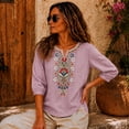 thumbnail image 2 of PBFRDSJ Cotton Linen Tops for Women Lightweight Retro Embroidered 3/4 Sleeve Bohemian Peasant Shirts Plus Size V Neck Casual Summer Beach Boho Tops, 2 of 9