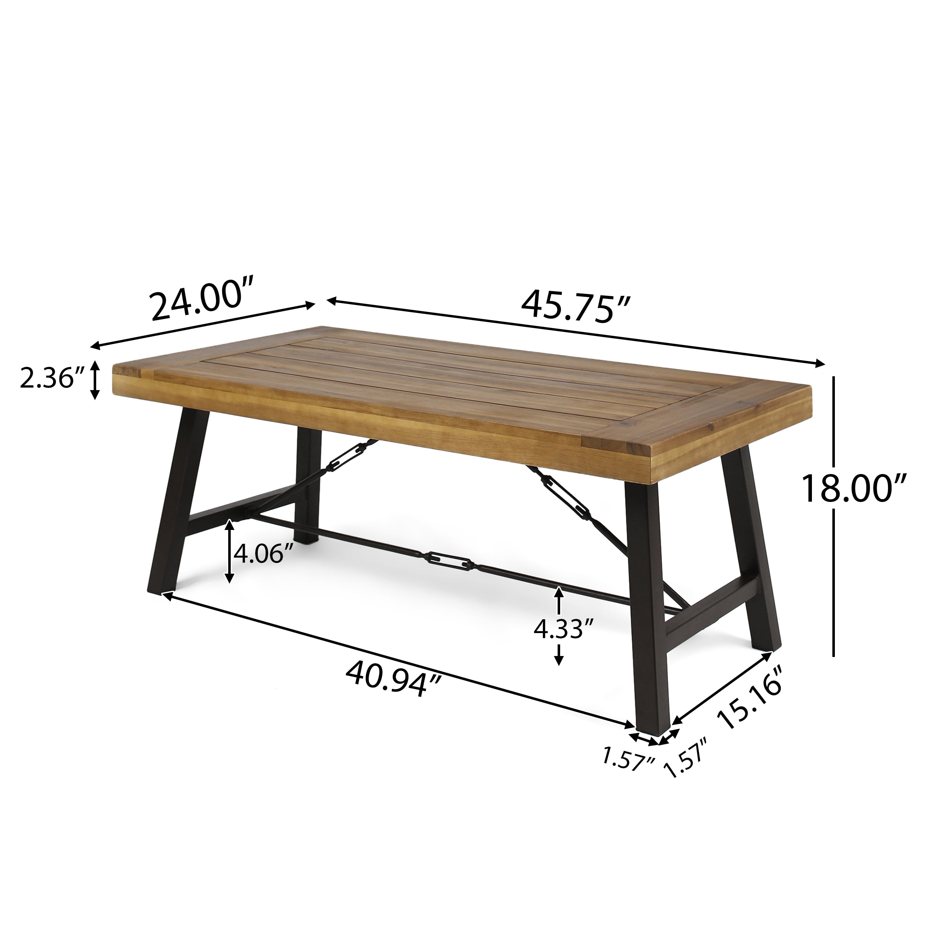 Outdoor Acacia Wood Coffee Table with Slatted Top and Black Metal Frame, 45.75-Inch Patio Table for Garden and Deck, Brown