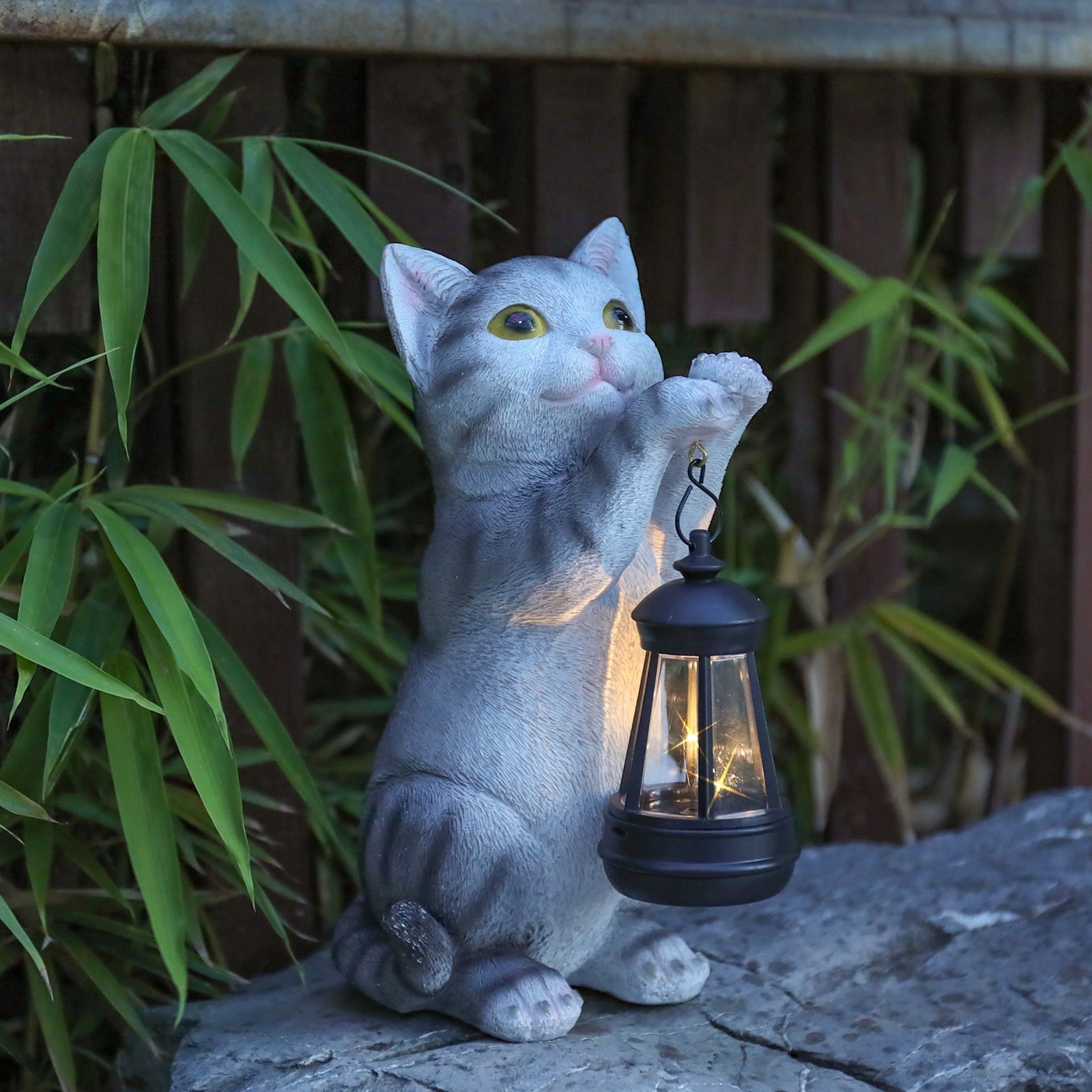 Solar Garden Outdoor Statues Cat with Solar Lantern,Outdoor Cat Figurines Decorations,Lawn Decor Rabbit Statue for Patio, Balcony, Yard Ornament,Unique Housewarming and Birthdays Gifts for Mom Women