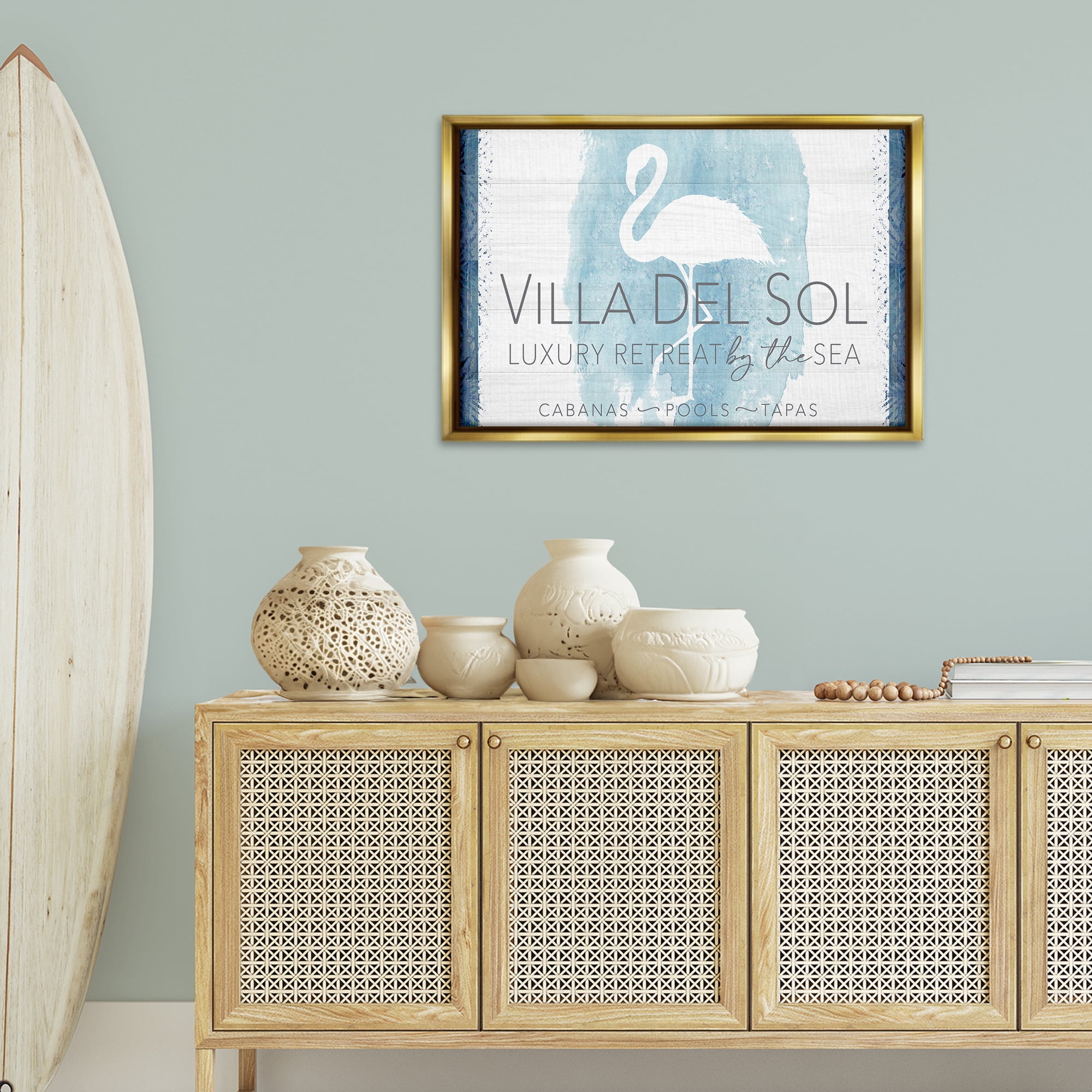 Stupell Industries Beach Retreat Flamingo Sign Nautical & Beach Painting Gold Floater Framed Canvas Art Print Wall Art, 31 x 21