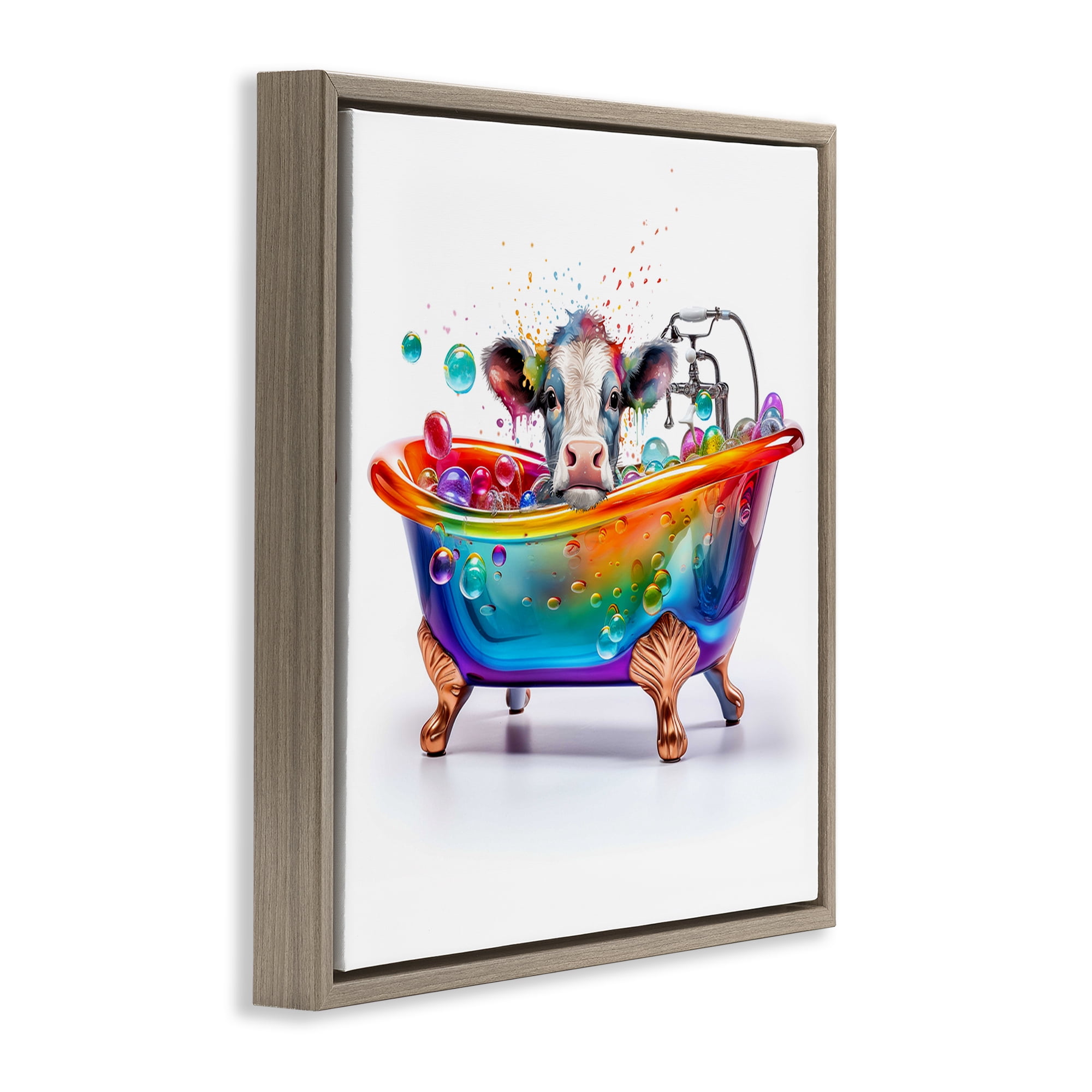 Stupell Industries Cow in Rainbow Bath Typography Painting Brown Floater Framed Canvas Art Print Wall Art, 18 x 18