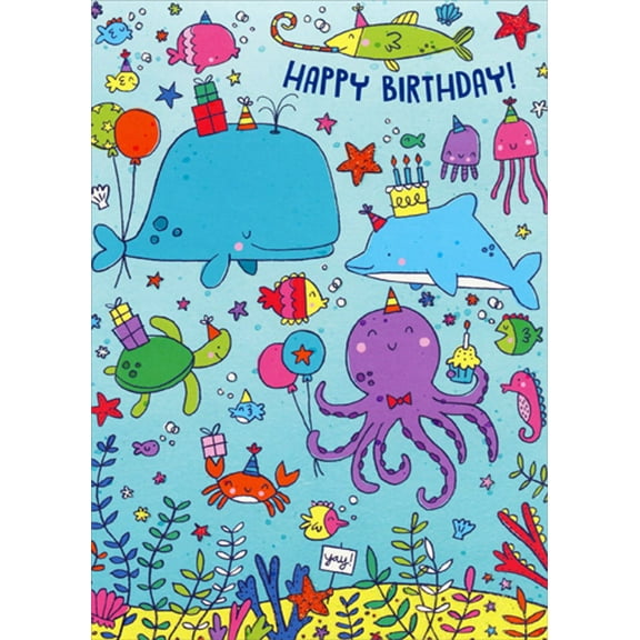 Paper House Productions Fish, Whale, Dolphin, Turtle, Octopus, Crab in Ocean Juvenile Birthday Card for Kids : Children