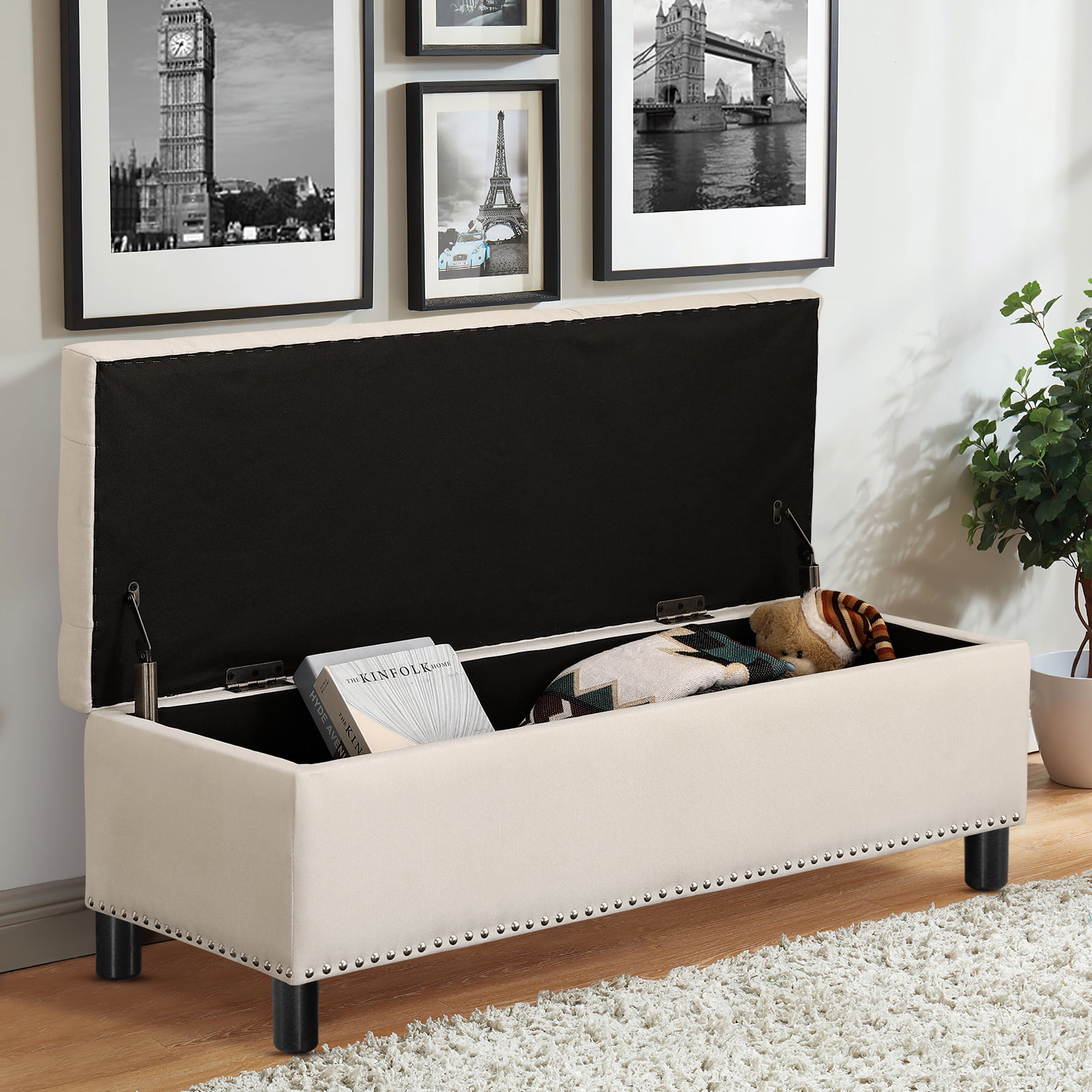 Furniliving Modern Upholstered Button Tufted Storage Ottoman Entryway Bench, Ivory