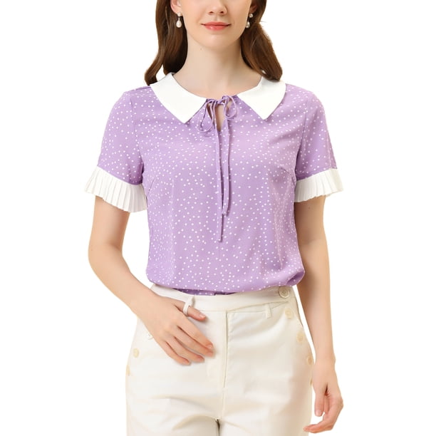 INSPIRAR CHIC Blusas de Polka Dots con Cuello de Muñeca en Contraste de Manga Corta S Color Púrpura Claro