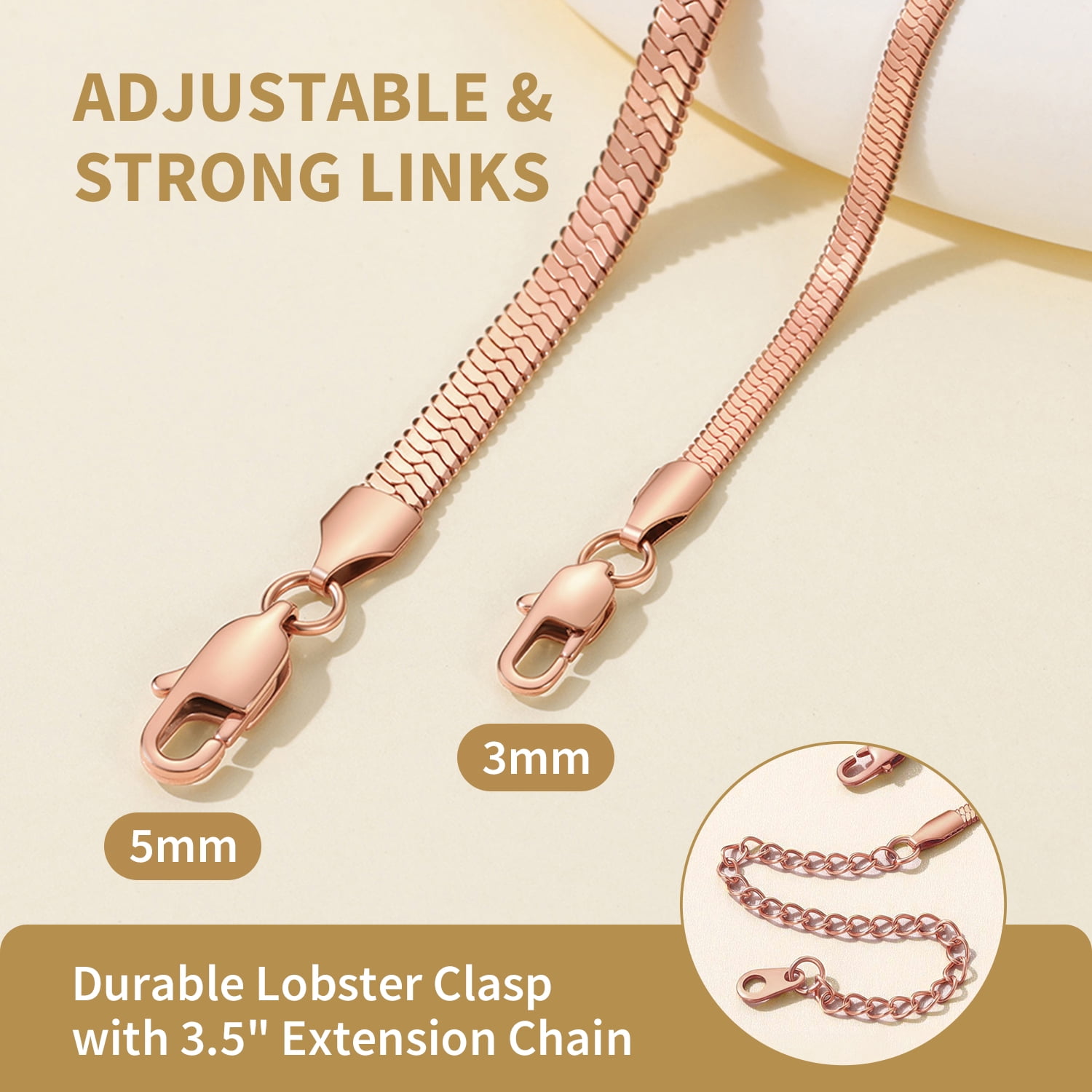 FindChic 2pcs Rose Gold Plated Necklaces for Women Layered Herringbone Choker Snake Chain Birthday Mothers Day Jewelry Gifts Her Mom Wife Lady Female Adults Age Ideas, 3mm & 5mm