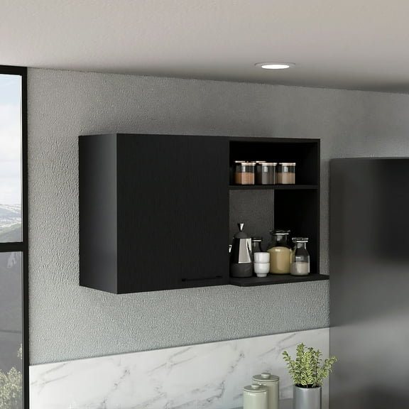 24" H Stackable Wall Cabinet In Black, Two Internal Shelves, External Storage One Door - Streamline Your Kitchen Astonishing