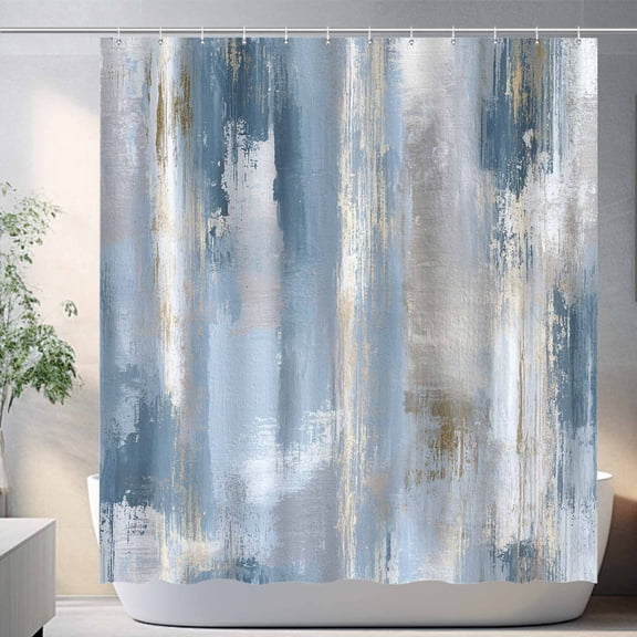 Abstract Navy Blue Gold Shower Curtain, Modern Neutral Dusty Blue Marble Ombre Minimalist Chic Art Shower Curtain for Bathroom, Waterproof Decorative Bath Bathtub Curtain with Hooks, 72x72IN