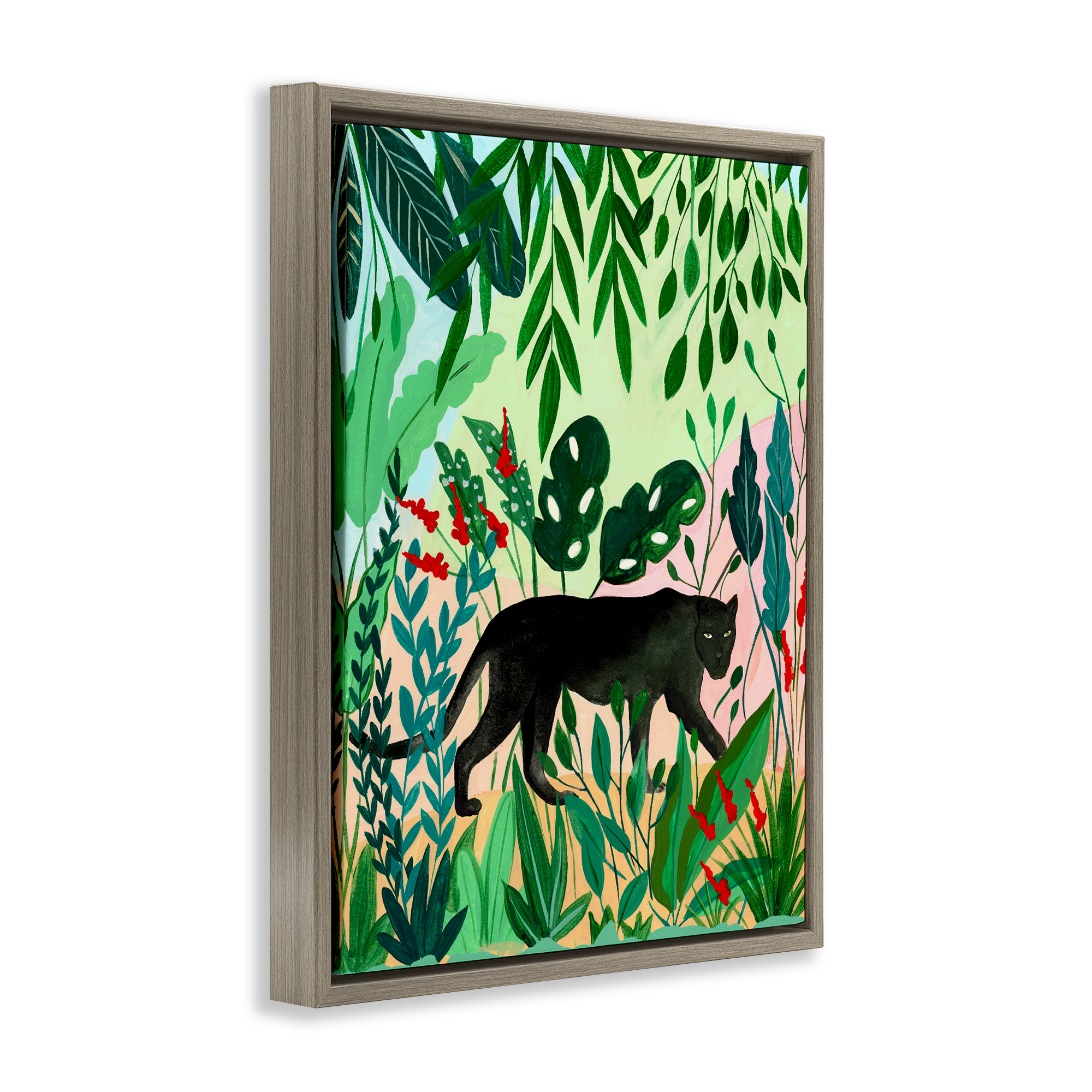 Stoic Panther Tropical Forest Brown Framed Floater Canvas Wall Art, design by Nabeela Rumi