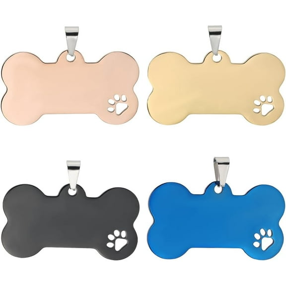 4Pcs 4 Colors Blank Dog Tags Stainless Steel Dog Number Name Tag with Paw Hollow Design Bone Shape Cat Pet Number ID Tags Charm Collar Pendant for Engraving All Pets DIY Crafts